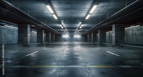 A dark empty underground car park with concrete walls.