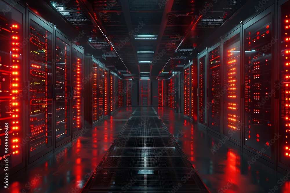 Hightech server room Expansive shot of a working data center with rows of computers and flashing red emergency lights in a dark setting Hightech server room Expansive shot of a working data center with rows of computers and flashing red emergency lights in a dark setting