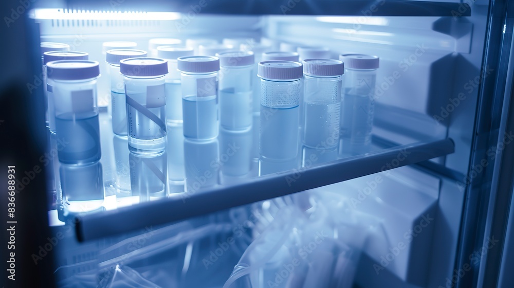 Close-up of a lab refrigerator storing samples, foggy and empty, no humans, evening light