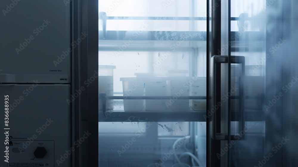 Close-up of a lab refrigerator storing samples, foggy and empty, no humans, evening light Close-up of a lab refrigerator storing samples, foggy and empty, no humans, evening light