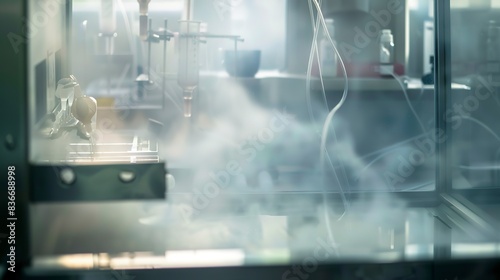 Close-up of a laboratory incubator, foggy, deserted, soft focus, early morning light 