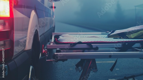 Close-up of an ambulance stretcher, foggy and empty, no humans, evening light 