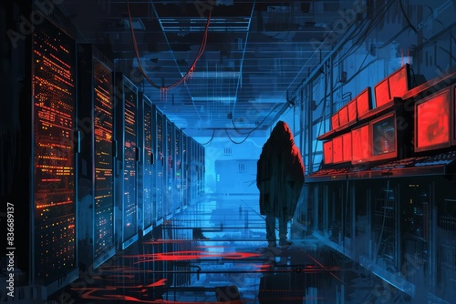 Inside the server room, a lone figure is illuminated by the eerie glow of monitors, their face obscured by a hood as they manipulate code to siphon funds photo