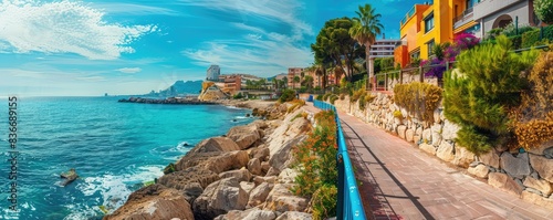 A panoramic view capturing the beauty of a sunlit coastal path in Spain, with the Mediterranean Sea bordering it. photo
