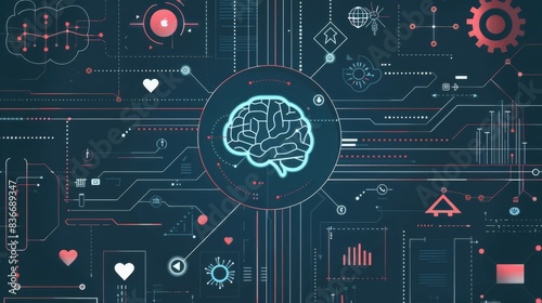 Machine learning analyzing social media trends, top view, highlights trend identification, technology tone, monochromatic color scheme