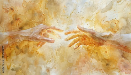 Elegant abstract painting depicting two hands almost touching on a textured, warm-toned background evoking a sense of connection and creation.