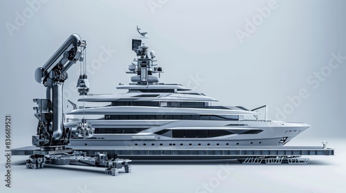 Advanced robotic systems assembling a luxury yacht in a sleek dock theme side view illustrating modern luxury in shipbuilding cybernetic tone Analogous Color Scheme © Saranpong