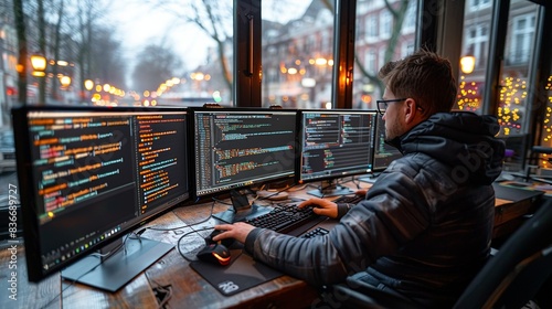 A team working on a coding project, with multiple monitors displaying code, and developers collaborating to solve problems, illustrating technical teamwork. Minimal and Simple, photo