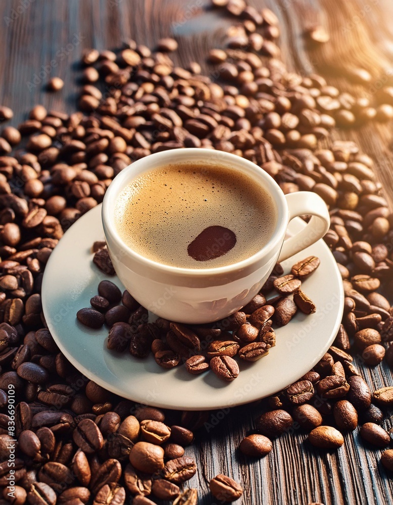 Fototapeta premium Cup of Coffee on a Table - Cozy Setting with Cappucino or Black Coffee - Background for Barrista or Cafe