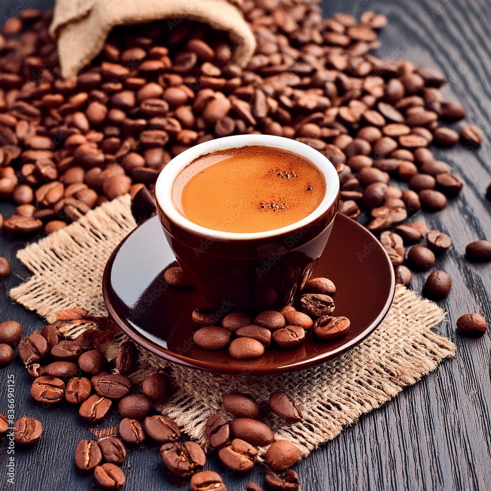 Fototapeta premium Cup of Coffee on a Table - Cozy Setting with Cappucino or Black Coffee - Background for Barrista or Cafe