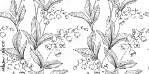 Lily of the Valley floral pattern black and white illustration