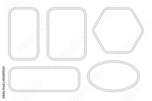 Vector rope frames. Borders of different geometric shapes are round, oval and square. Vector isolated on transparent background. eps 10.