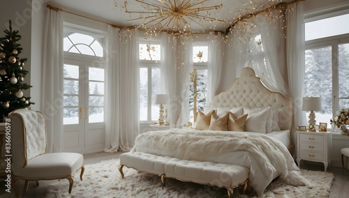 Beautiful Christmas white and gold wedding bedroom facing facing forward. Christmas reef in background Bed facing forward camera. Window in the back with snow falling outside. Full image. Close up vie