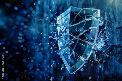 Shattered glass shield symbolizing a breach in business data security with cold, contrasting colors