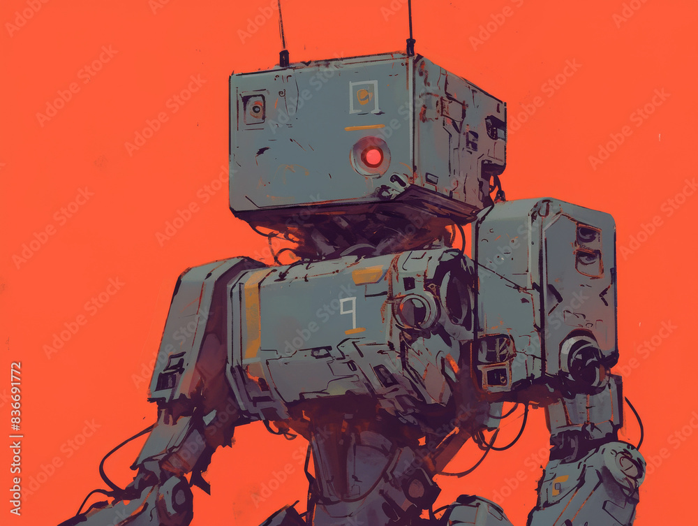 Fototapeta premium Retro-style robot illustration on a bright orange background