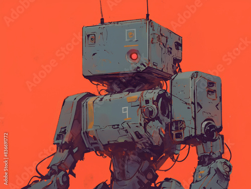 Retro-style robot illustration on a bright orange background