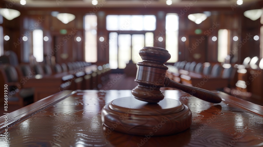 A wooden gavel sits on a wooden table in a courtroom A wooden gavel sits on a wooden table in a courtroom