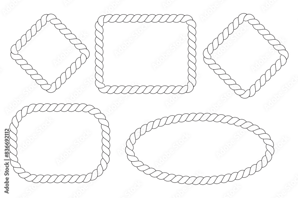 Vector rope frames. Borders of different geometric shapes are round, oval and square. Vector isolated on transparent background. eps 10. Vector rope frames. Borders of different geometric shapes are round, oval and square. Vector isolated on transparent background. eps 10.