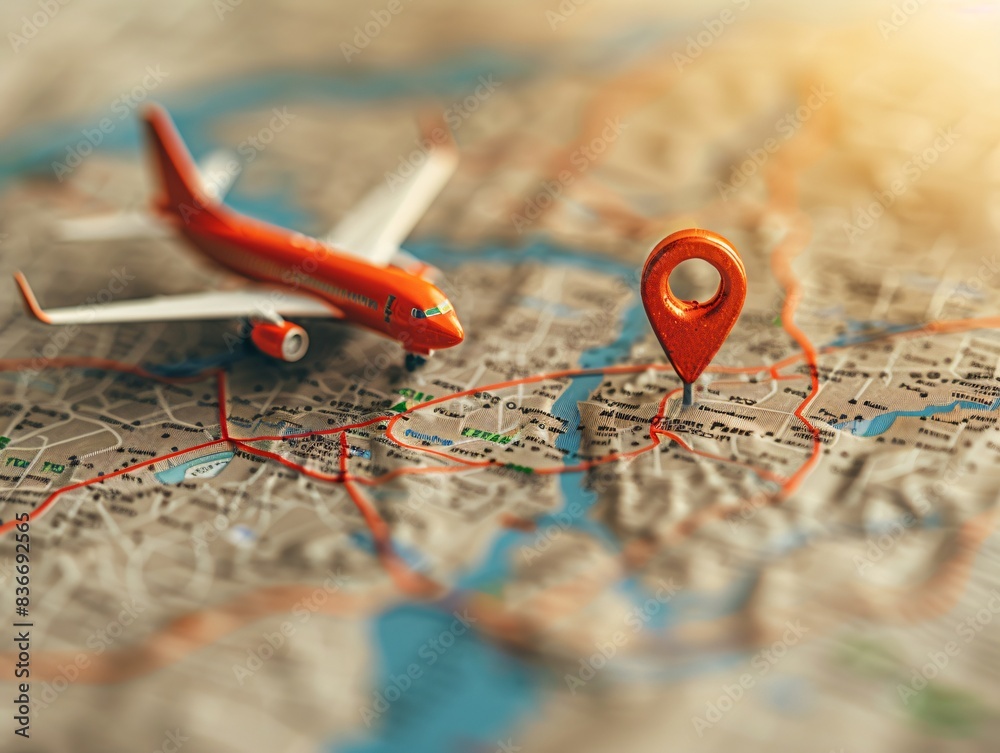 Airplane marked on a map with central pin Airplane marked on a map with central pin