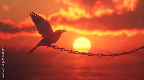 A silhouette of a bird soaring against the sunset  with broken chains trailing behind  symbolizing freedom and liberation