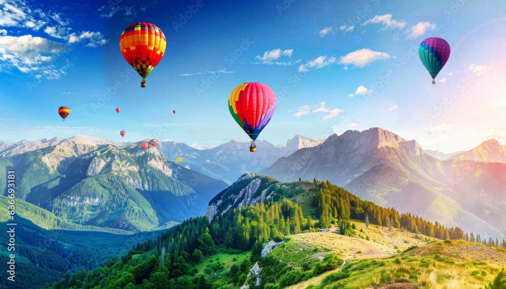 Fototapeta premium Spectacular Countryside Mountains: A Vibrant Hot Air Balloon Festival