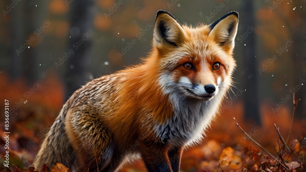 Naklejka premium Granater AI A fox in the woods during a rainy day, surrounded by colorful leaves.