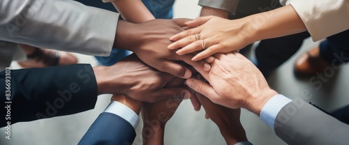 Top view of business people hands together in team unity and support on grey background with copy space. High quality, professional photo, sharp focus, high resolution, shot in the style of Canon EOS.