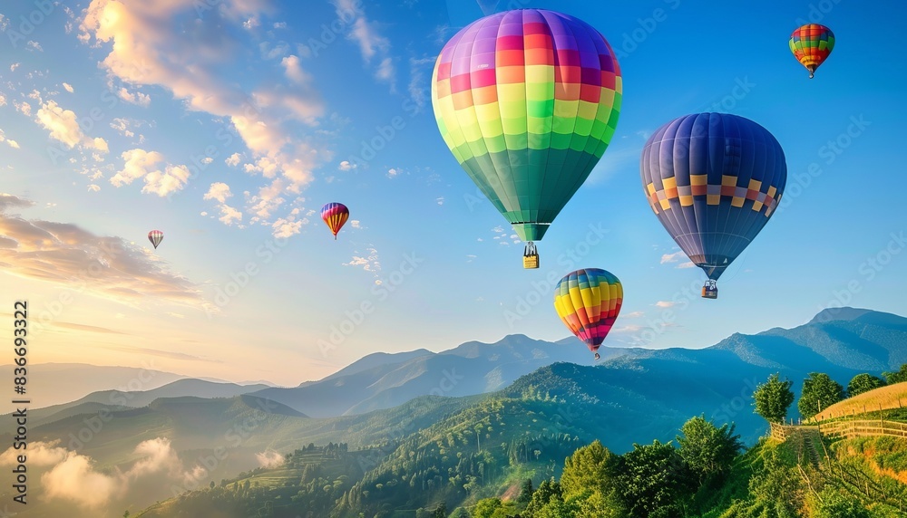 Fototapeta premium Summer Symphony: Hot Air Balloon Festival in the Countryside Mountains