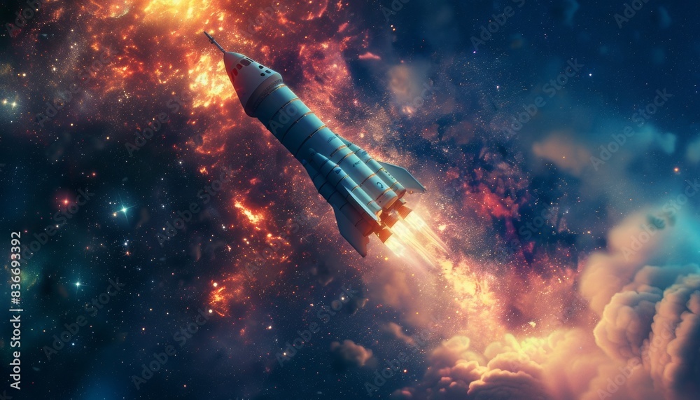 A rocket soars through space toward uncharted cosmic horizons, breathtaking sigh A rocket soars through space toward uncharted cosmic horizons, breathtaking sigh