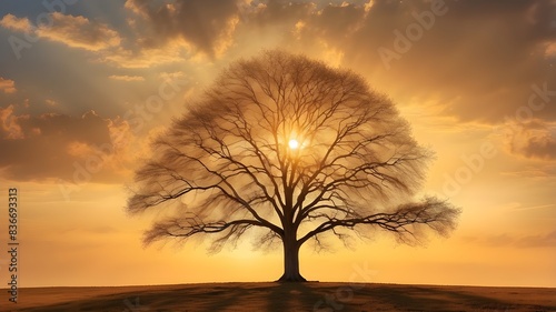 As the sun dipped below the horizon, casting a golden glow over the landscape, a solitary tree stood tall, its silhouette etched against the fiery sky, whispering tales of time and tranquility.