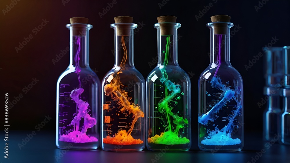Granater AI Four bottles filled with colorful glowing liquid on a dark background. Granater AI Four bottles filled with colorful glowing liquid on a dark background.