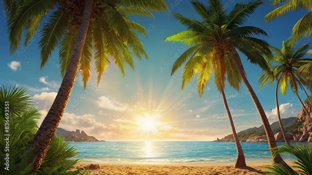 Fototapeta premium Granater AI A serene tropical beach with palm trees and a bright sun shining down on the sandy shore.