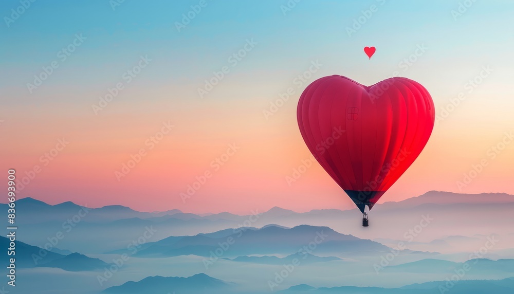 Fototapeta premium Romantic Valentine's Day Adventure: A Journey in a Red Heart-Shaped Hot Air Balloon