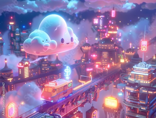 Anthropomorphized Cumulus Cloud Character Soaring through a Dreamlike Retro-Futuristic Cloud Metropolis
