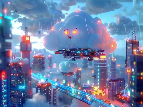 Cumulus Cloud Character Soaring through a Visionary Retro-Futuristic Cloud Metropolis