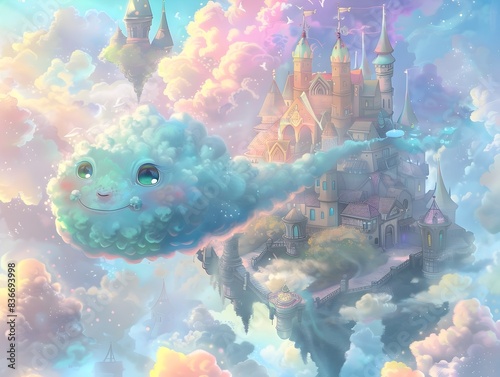 A Whimsical Cloud Creature Floating Peacefully in a Vibrant Fantasy Cloud City