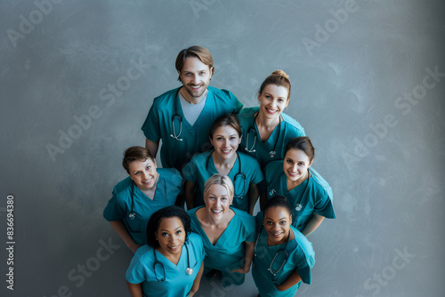 diverse group of doctors and nurses in their uniforms, standing together and looking up at the camera with smiles on their faces. The background is a neutral gray concrete floor, c photo