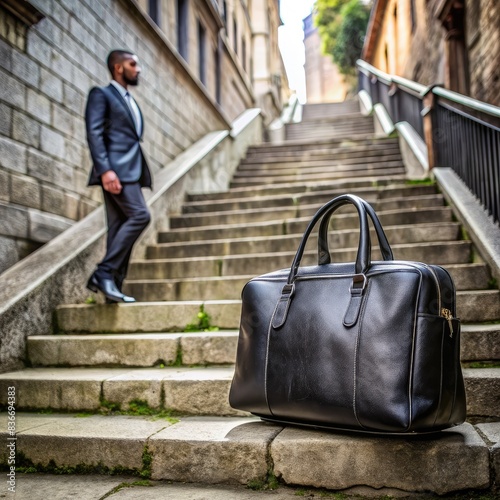 A Mans Black Leather Bag Left On Stone Steps in a European City. Generative AI photo