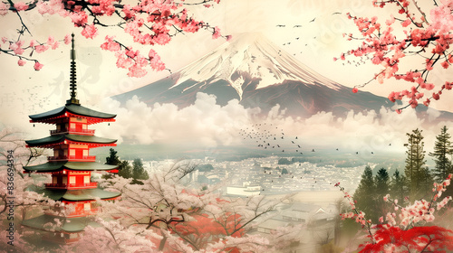 Watercolor stlye, red pagoda, japanese Sakura View, Mount Fuji background. AI Generative. photo