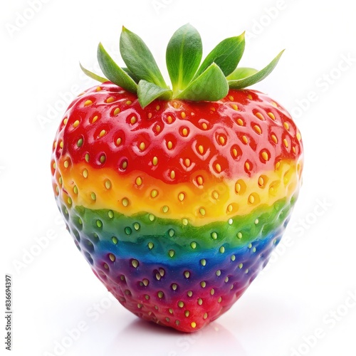 Single Rainbow Strawberry Against White Background. Generative AI photo