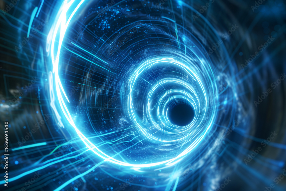 abstract background featuring a blue glowing light wave spiraling into the center, representing the speed of time in a black hole tunnel. Glowing energy lines curve and twist, lead abstract background featuring a blue glowing light wave spiraling into the center, representing the speed of time in a black hole tunnel. Glowing energy lines curve and twist, lead