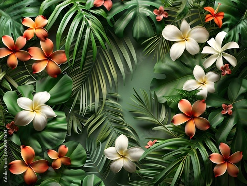 Circular arrangement of tropical flowers and leaves