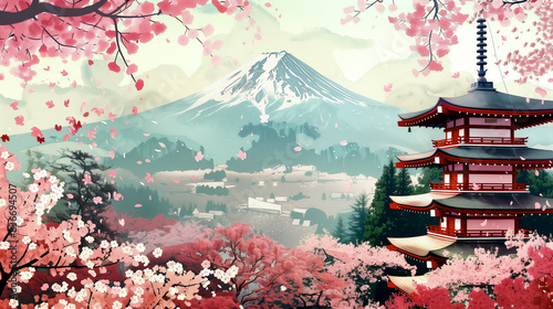Watercolor stlye, red pagoda, japanese Sakura View, Mount Fuji background. AI Generative. photo