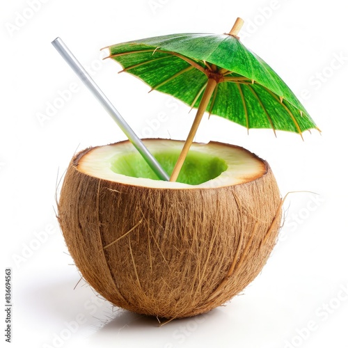 Refreshing Coconut Cocktail With Green Umbrella for a Tropical Escape. Generative AI photo