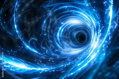 abstract background featuring a blue glowing light wave spiraling into the center, representing the speed of time in a black hole tunnel. Glowing energy lines curve and twist, lead photo