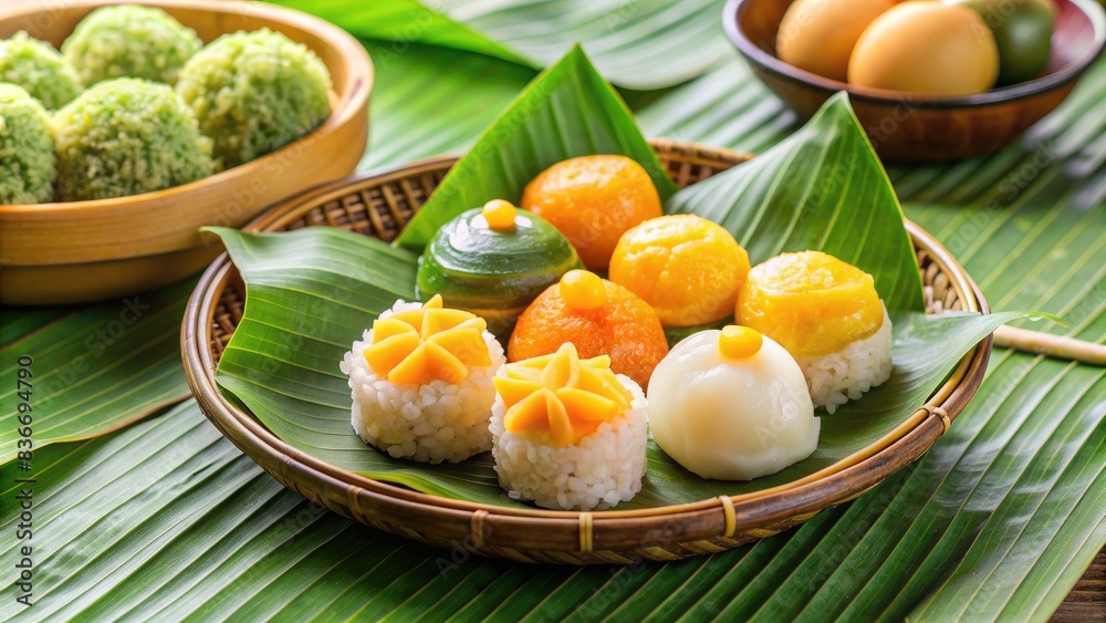 Colorful Thai Sweet Treats on Banana Leaf Platter. Generative AI Colorful Thai Sweet Treats on Banana Leaf Platter. Generative AI