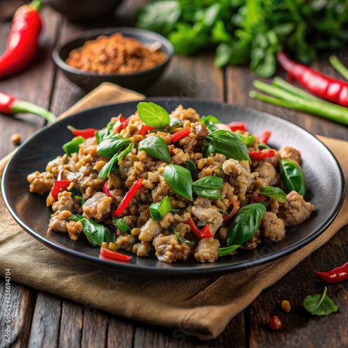 Stir-Fried Pork With Holy Basil and Chili Peppers, a Delicious Thai Dish. Generative AI photo