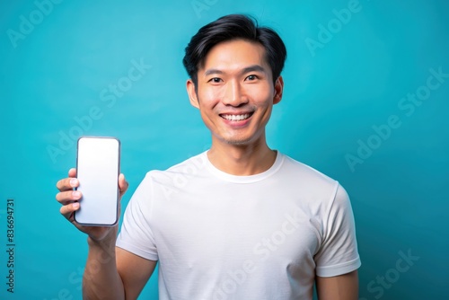 Smiling Thai Man Holding Smartphone With Blank Screen in Front of Blue Background. Generative AI photo