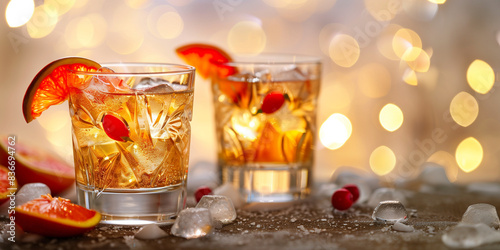 Two glasses of festive cocktails with ice cubes and fruit garnishes, set against an abstract background with soft bokeh lights. The warm ambiance created by the glowing lights enha photo