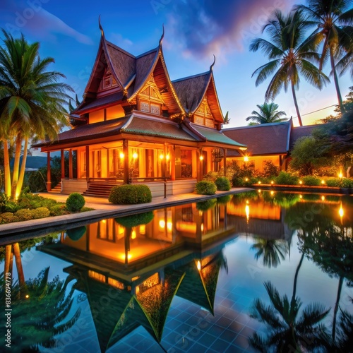 Illuminated Thai Villa With Reflection Pool at Dusk. Generative AI photo